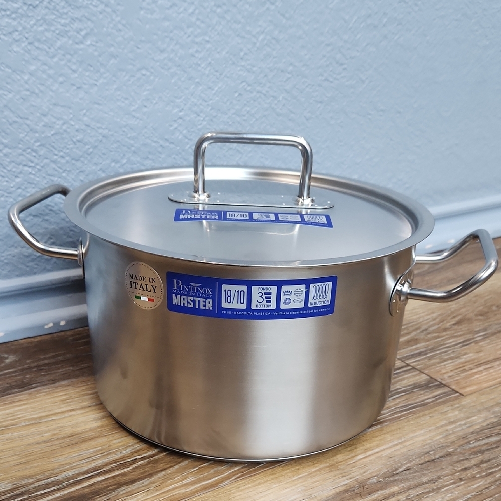 NWT Pintinox 24cm Master Deep Casserole Stainless Steel Stock Pot Lid & Handles